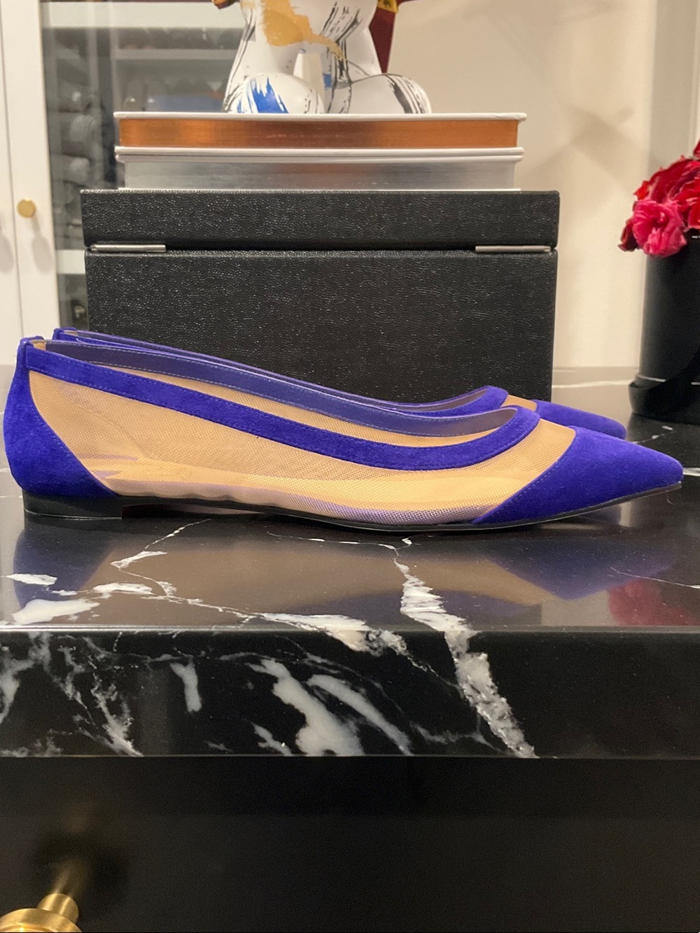 Christian Louboutin Pointed Flats in Vivid Blue/Purple Suede and Nude Mesh - Picture 2 of 9